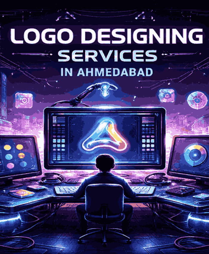 Futuristic cyber-tech illustration of a professional logo designer working on a neon digital interface showcasing logo design services in Ahmedabad with advanced creative tools