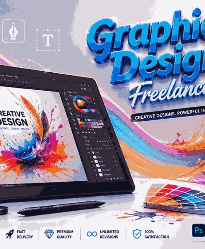 Graphic Design Freelancer creative banner with digital drawing tablet, rainbow light waves, neon paint splashes, graphic design tools, and glossy 3D typography