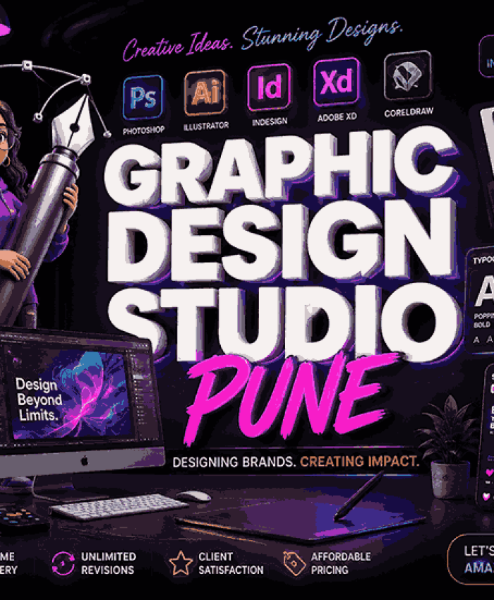 Futuristic 3D graphic design poster featuring neon branding visuals, UI elements, and a creative female designer in a premium studio setup.