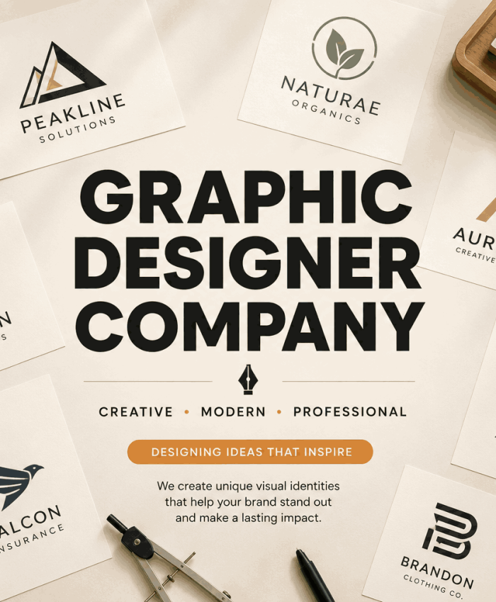 Modern flat lay branding banner featuring logo design concepts, creative tools, and bold typography in a clean professional graphic design studio aesthetic.