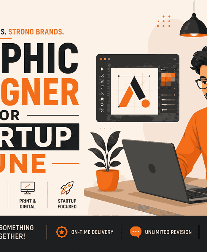 Graphic Designer for Startup Pune modern blog cover with bold typography, designer working on laptop, stylus pen, and minimal creative workspace illustration