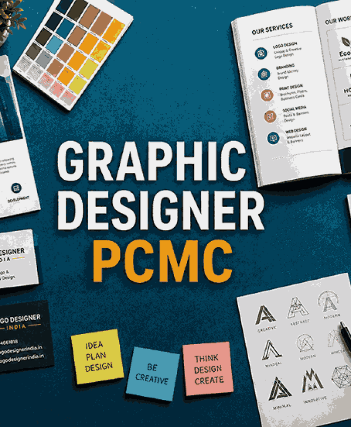 Professional Graphic Designer PCMC workspace showcasing branding materials, logo concepts, brochures, and modern design elements.