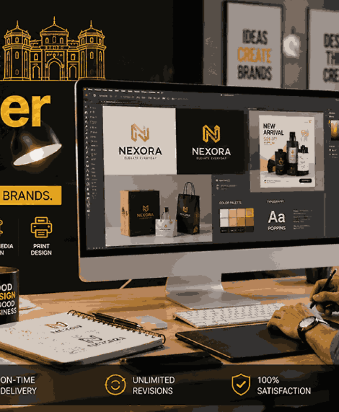 Modern creative agency workspace featuring affordable graphic designer services in action with branding projects, packaging mockups, social media graphics, and premium office aesthetics.