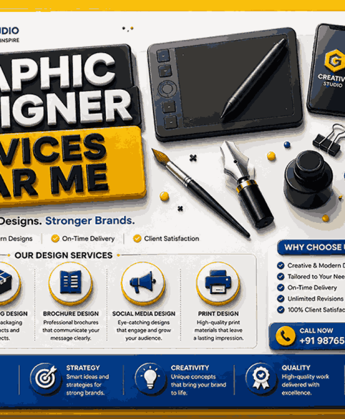 branding flyer featuring bold extruded typography, realistic creative studio accessories, infographic service icons, and a modern yellow-white corporate design aesthetic.