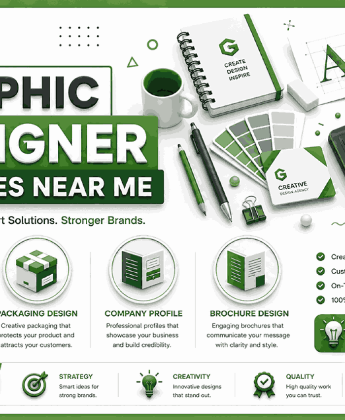 Modern landscape 3D graphic design agency flyer featuring bold typography, floating stationery illustrations, and infographic service icons in a premium green and white corporate style.