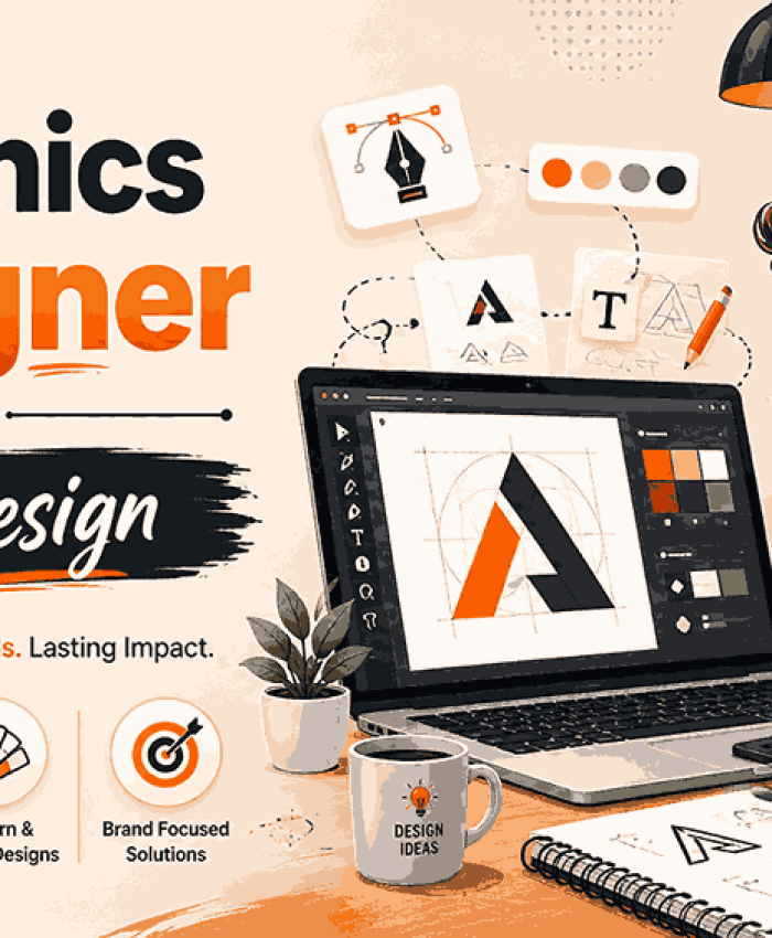 Graphics Designer for Logo Design modern blog cover with designer working on laptop, geometric logo creation, beige and orange workspace, and minimalist branding elements