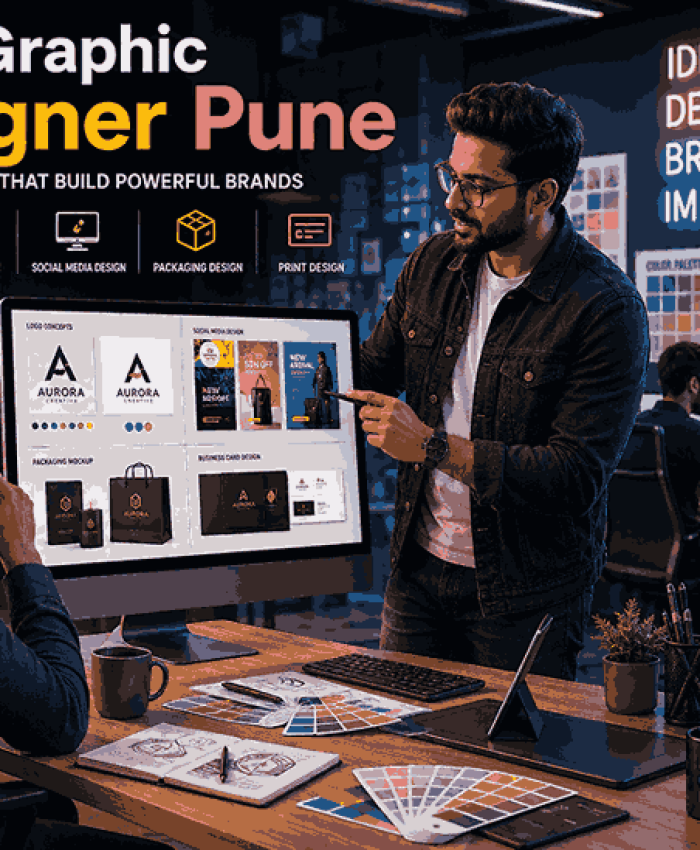 Professional graphic designer in Pune presenting creative branding and logo concepts inside a premium modern design studio.