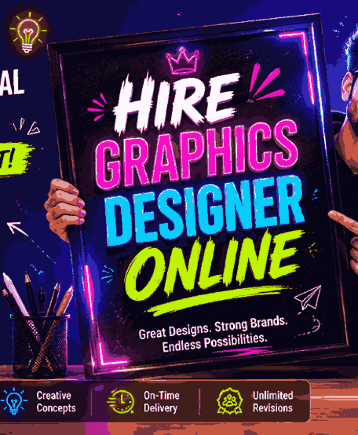 Hire Graphics Designer Online neon motivational banner with trendy designer, glowing typography, futuristic workspace, and vibrant cyberpunk creative studio aesthetic