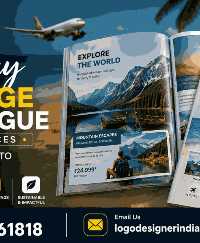 Holiday package catalogue design services by Logo Designer India - travel brochure mockup with mountain and beach destinations