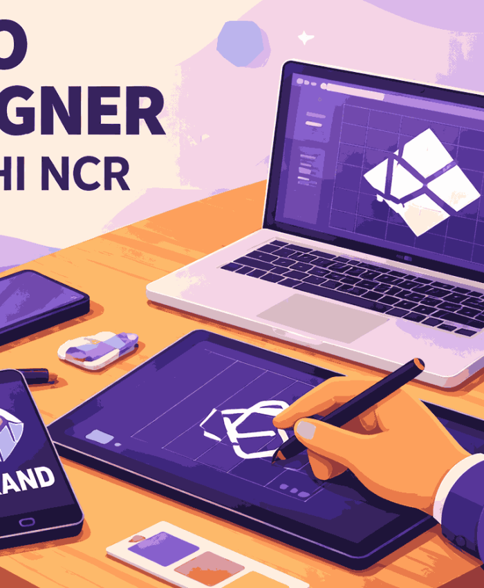 Modern isometric 3D workspace showing a professional logo designer in Delhi NCR creating a brand identity across multiple digital devices.
