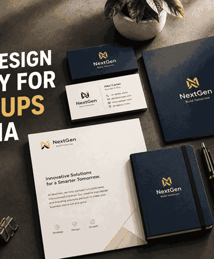 Logo design agency for startups in India featuring premium navy and gold branding, business cards, letterhead, envelopes, and a branded notebook.