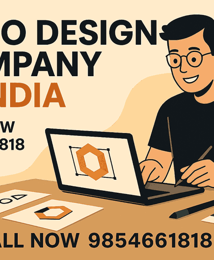 A creative flat-style illustration promoting a Logo Design Company in India with a designer at work and a bold call-to-action including a phone number.