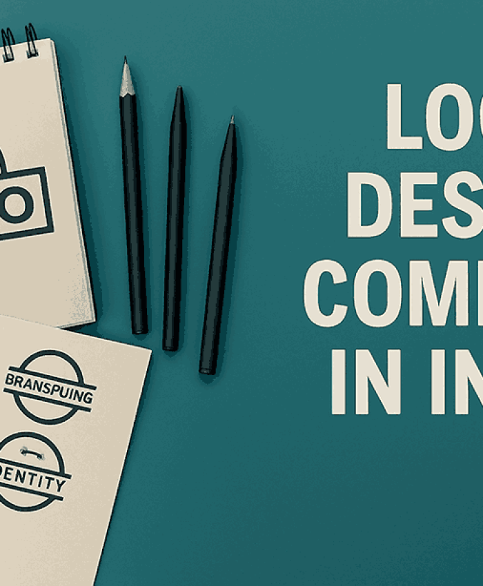 A modern teal-themed cover design showcasing logo sketches, pens, and bold typography displaying the title “Logo Design Company in India,” ideal for branding and promotional content.