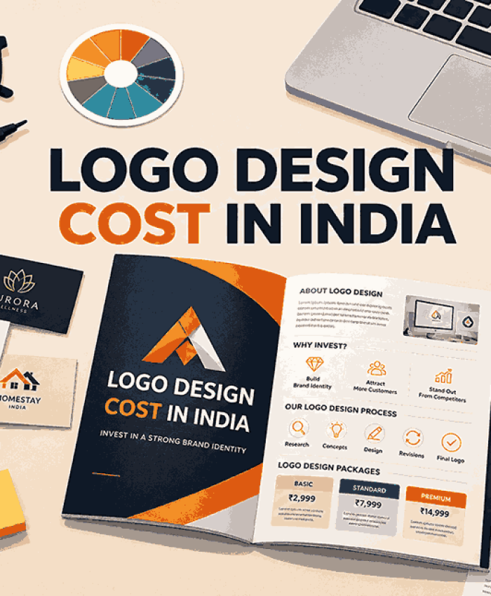 Logo design cost in India featuring logo concept sketches, branding samples, color palettes, and a pricing guide on a creative workspace.