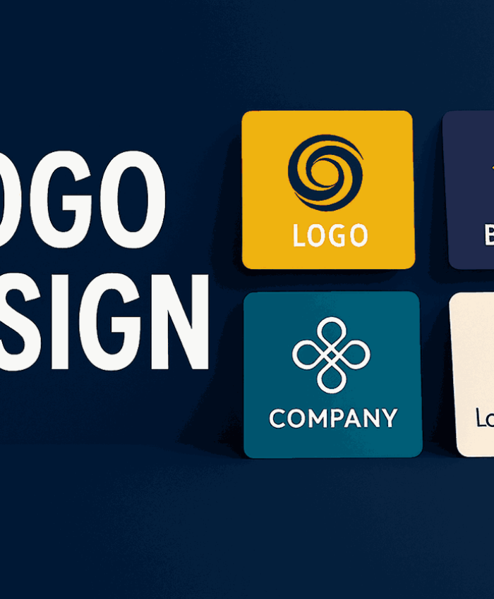 A modern cover image showcasing the text “LOGO DESIGN” with four colorful brand icons on a dark blue background, representing creative logo design services.