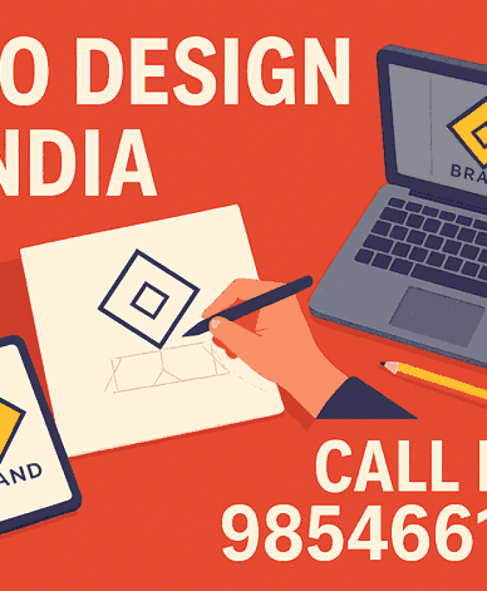 A creative illustration of a designer working on branding concepts with the headline “Logo Design in India,” ideal for promoting professional logo design services.