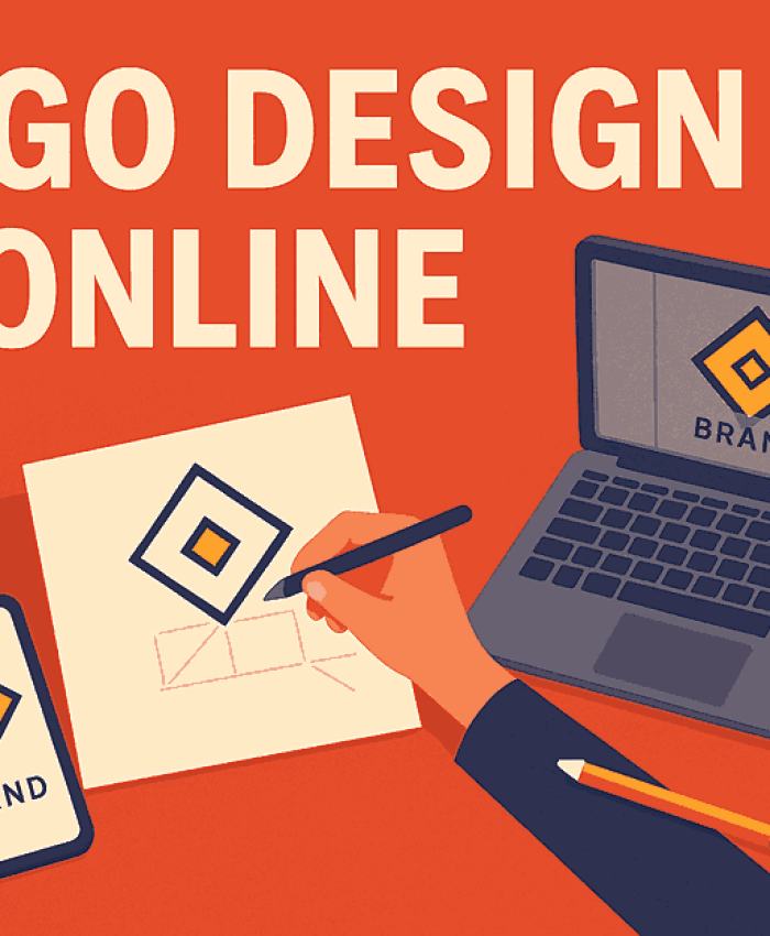 A modern digital illustration featuring logo sketching tools, a laptop, and bold typography displaying “LOGO DESIGN ONLINE” for a professional blog cover.