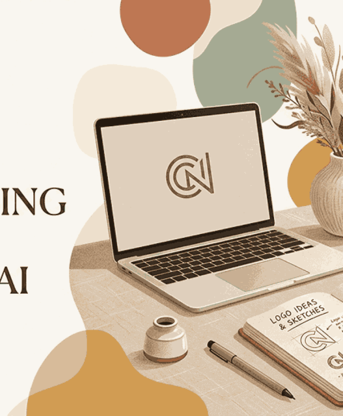 A refined flat illustration of a logo designer in Chennai, workspace in Chennai, featuring a laptop with a geometric logo, pampas grass in a ceramic vase, and a hand sketching in a linen notebook.