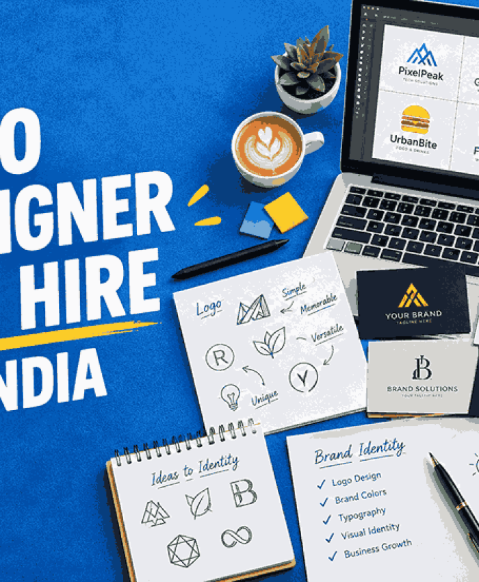 Logo designer for hire in India featuring logo concepts, branding cards, a laptop with logo designs, and creative workspace tools.