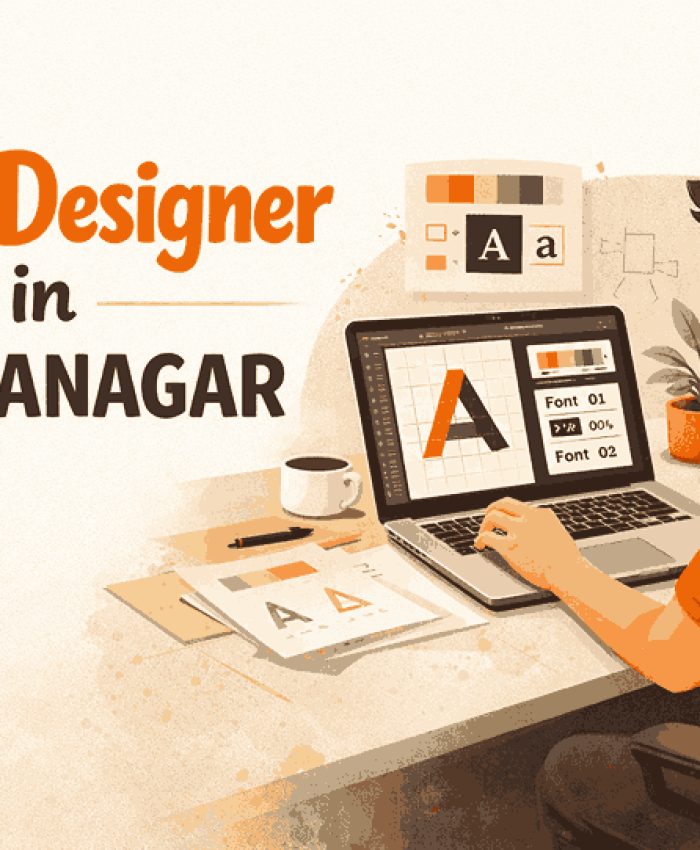 A modern blog cover featuring a logo designer in Ahilyanagar working on logo design software with grid and typography tools.