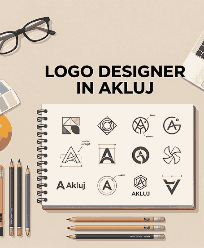 Minimal flat lay illustration of a logo designer workspace featuring sketchbook concepts and branding tools with “Logo Designer in Akluj” text.