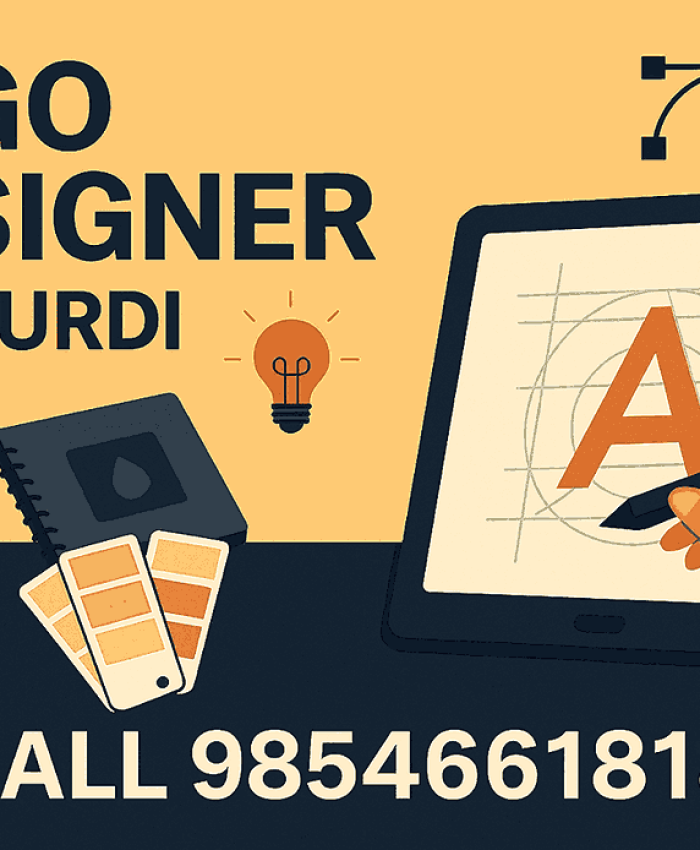 A professional landscape illustration for a logo designer in Akurdi, featuring design tools, digital sketching, and a bold call-to-action.