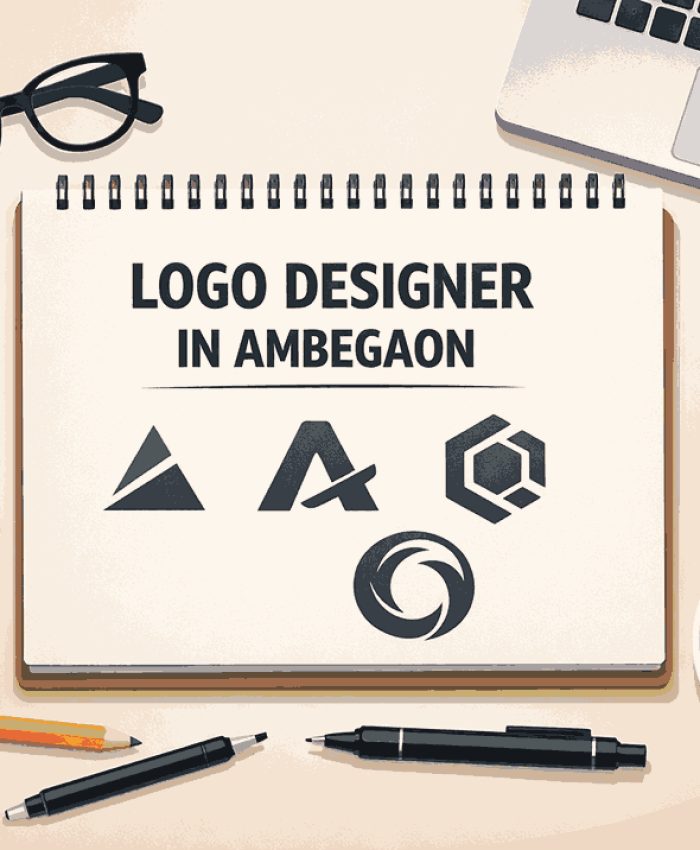 Logo designer in Ambegaon workspace flat lay with sketchbook, laptop, color swatches and branding tools