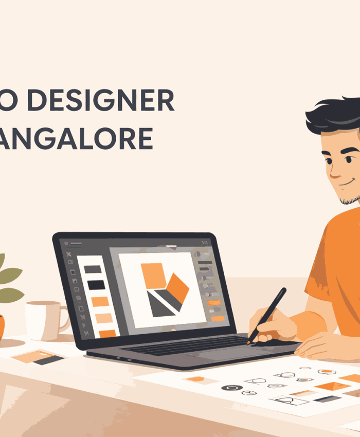 Minimalist illustration of a logo designer in Bangalore creating a modern logo design in a clean and professional workspace.