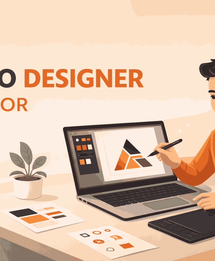 Modern flat illustration of a logo designer in Bhor working on a laptop creating geometric logo design in a clean workspace
