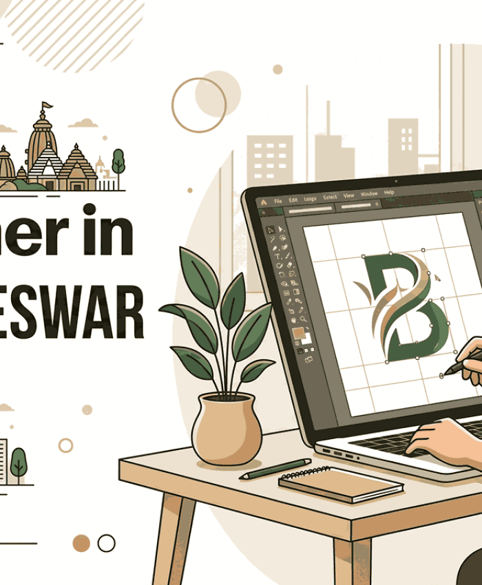 A modern blog cover featuring a logo designer in Bhubaneswar working on logo design software with grid and vector tools.