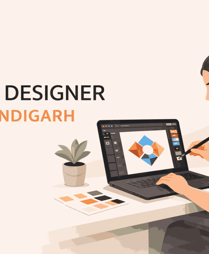Modern flat illustration of a logo designer in Chandigarh working on a logo design project using a laptop and stylus in a clean workspace.