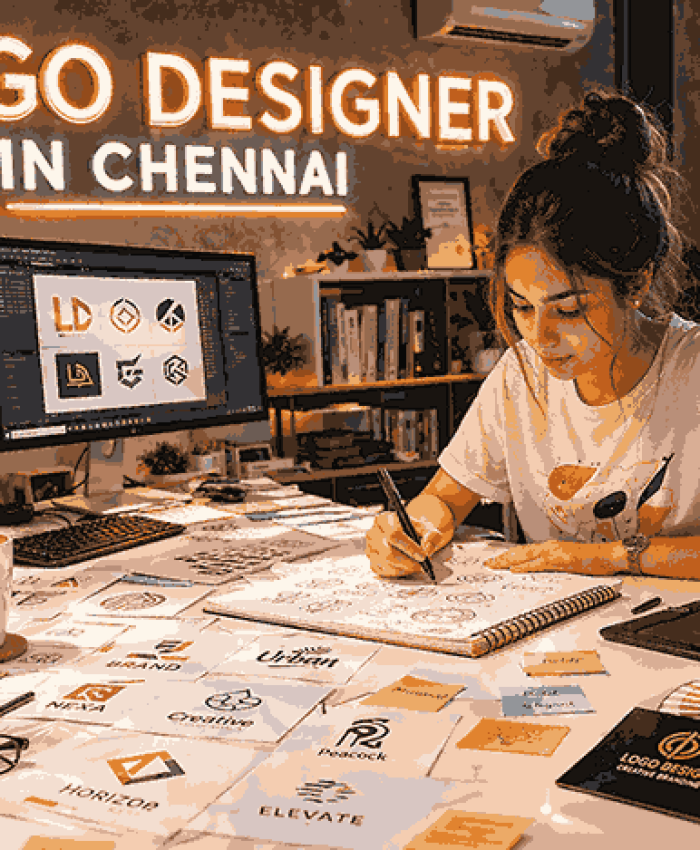 A professional logo designer in Chennai creating logo concepts in a modern studio using sketching and digital tools.