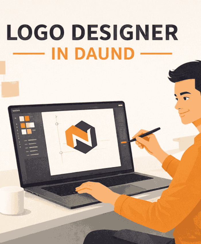 Logo designer in Daund working on laptop creating geometric logo design in modern minimalist workspace illustration