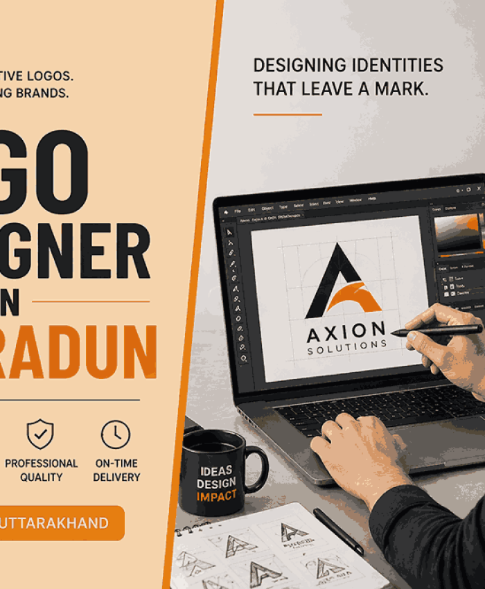 A modern split-layout blog cover featuring a logo designer in Dehradun working on a laptop with bold typography.