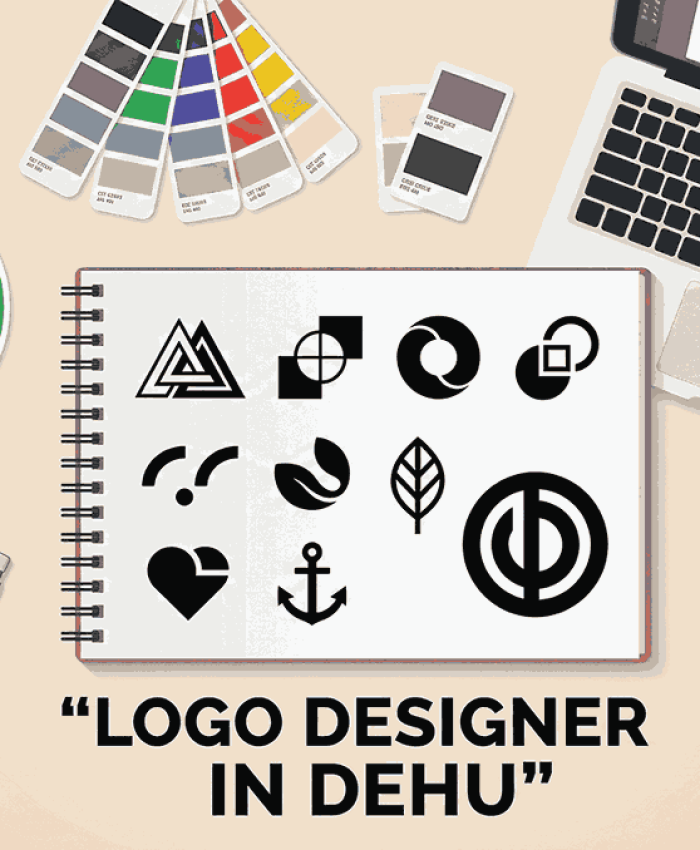 Flat lay illustration of logo designer in Dehu workspace with sketchbook, geometric logo concepts, laptop, and branding tools