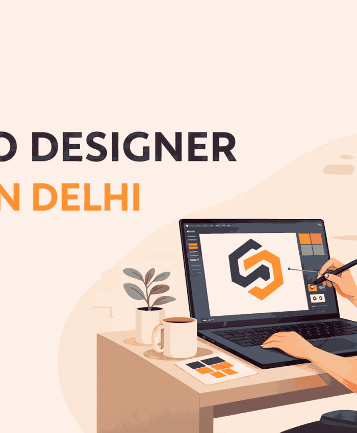 Minimalist illustration of a professional logo designer in Delhi creating a logo design on a laptop in a modern creative workspace.