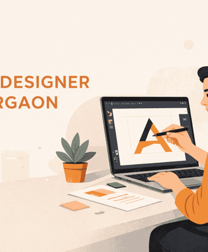 Modern illustration of a logo designer in Gurgaon creating a geometric logo in a clean minimalist workspace.