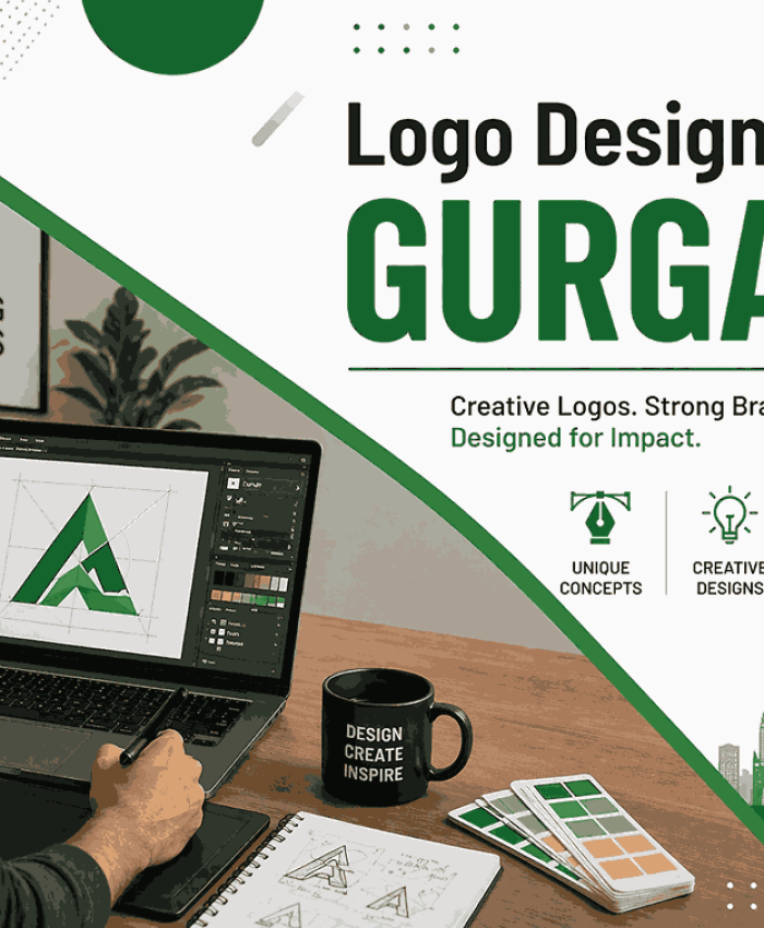 A modern diagonal split blog cover featuring a logo designer in Gurgaon working on a laptop with bold typography.