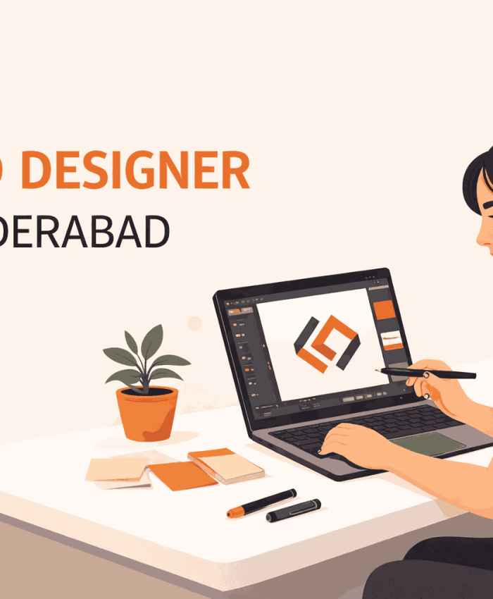 Minimalist illustration of a logo designer in Hyderabad creating a modern logo design in a clean and professional workspace.