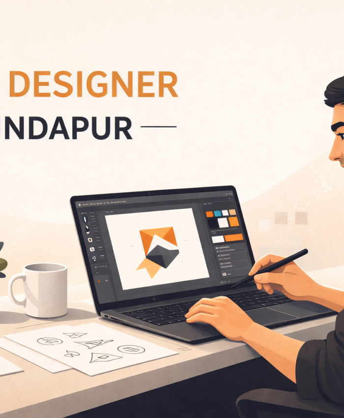 Logo designer in Indapur working on laptop with stylus creating geometric logo in modern minimalist workspace illustration