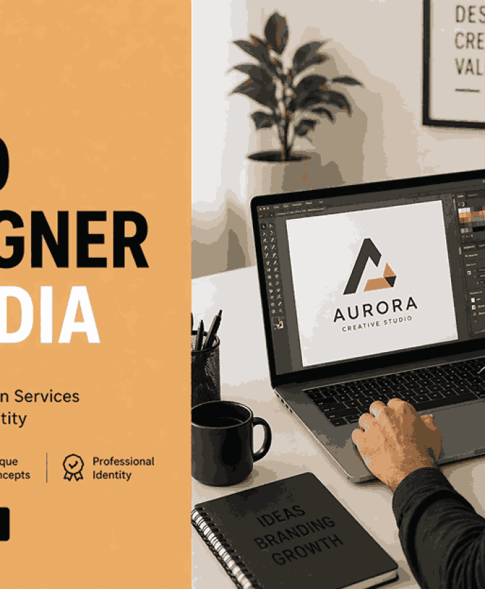 A modern split-layout blog cover featuring a logo designer in India working on a laptop with bold typography.