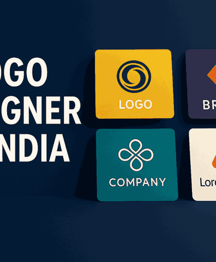 Landscape cover image featuring modern logo design cards and bold typography promoting logo designer services in India.