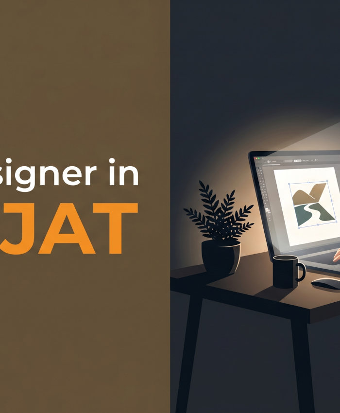 Logo designer in Karjat blog cover with dark theme and designer working on glowing laptop editing logo