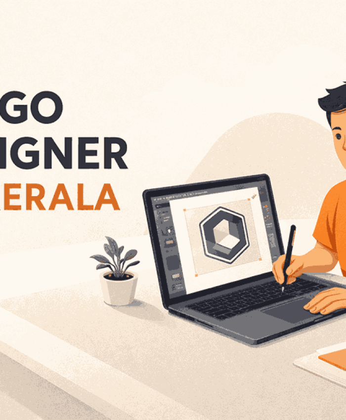 Modern flat illustration of a logo designer in Kerala creating a geometric logo on a laptop in a clean minimalist workspace.