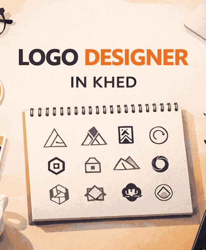 Flat lay illustration of logo designer in Khed workspace with sketchbook, logo concepts, laptop, color palette and design tools