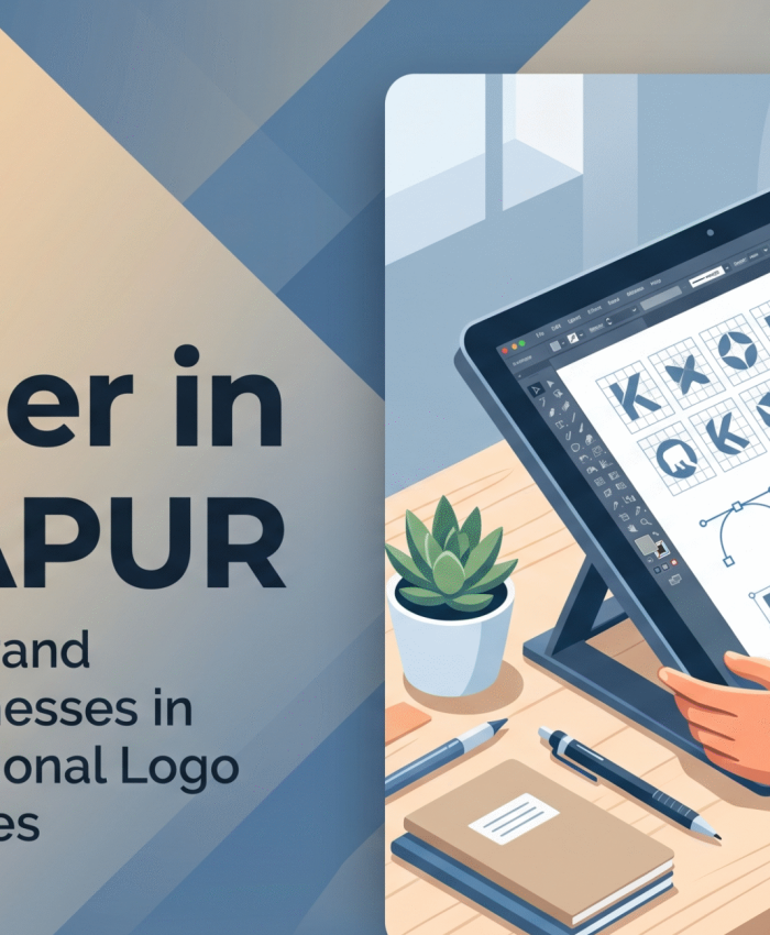 A modern blog cover featuring a logo designer in Kolhapur working on vector logo design using a stylus and tablet.