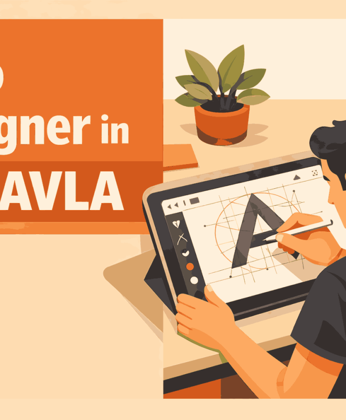 Logo designer in Lonavla blog cover with split layout and designer using stylus on tablet creating vector logo