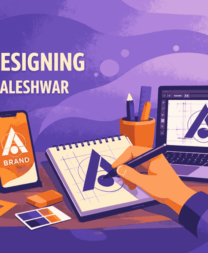 Logo designer in Mahabaleshwar creating a modern geometric logo on laptop and notepad in a creative workspace