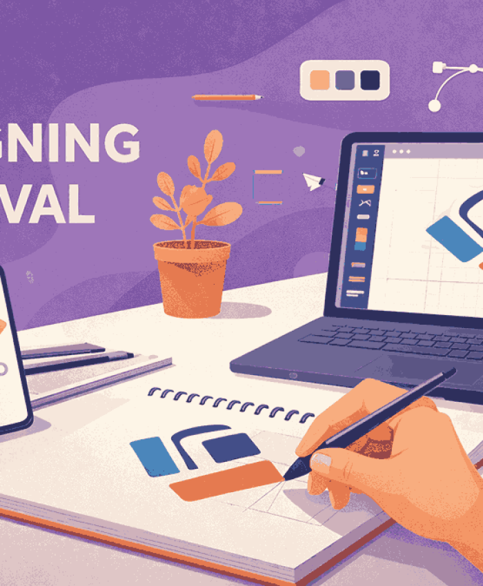 Flat vector illustration of a logo designer in Maval creating a geometric logo on a laptop and notepad with branding elements and modern workspace