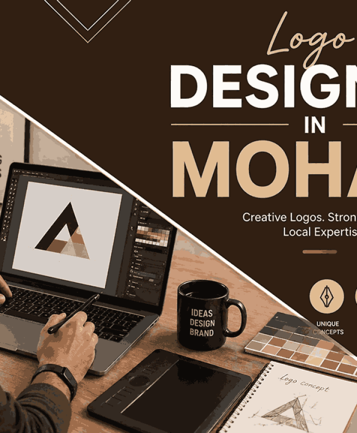 A modern diagonal split blog cover featuring a logo designer in Mohali working on a laptop with bold typography.
